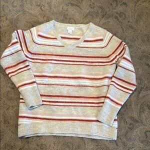 Striped V-Neck Sweater - Rust and Beige